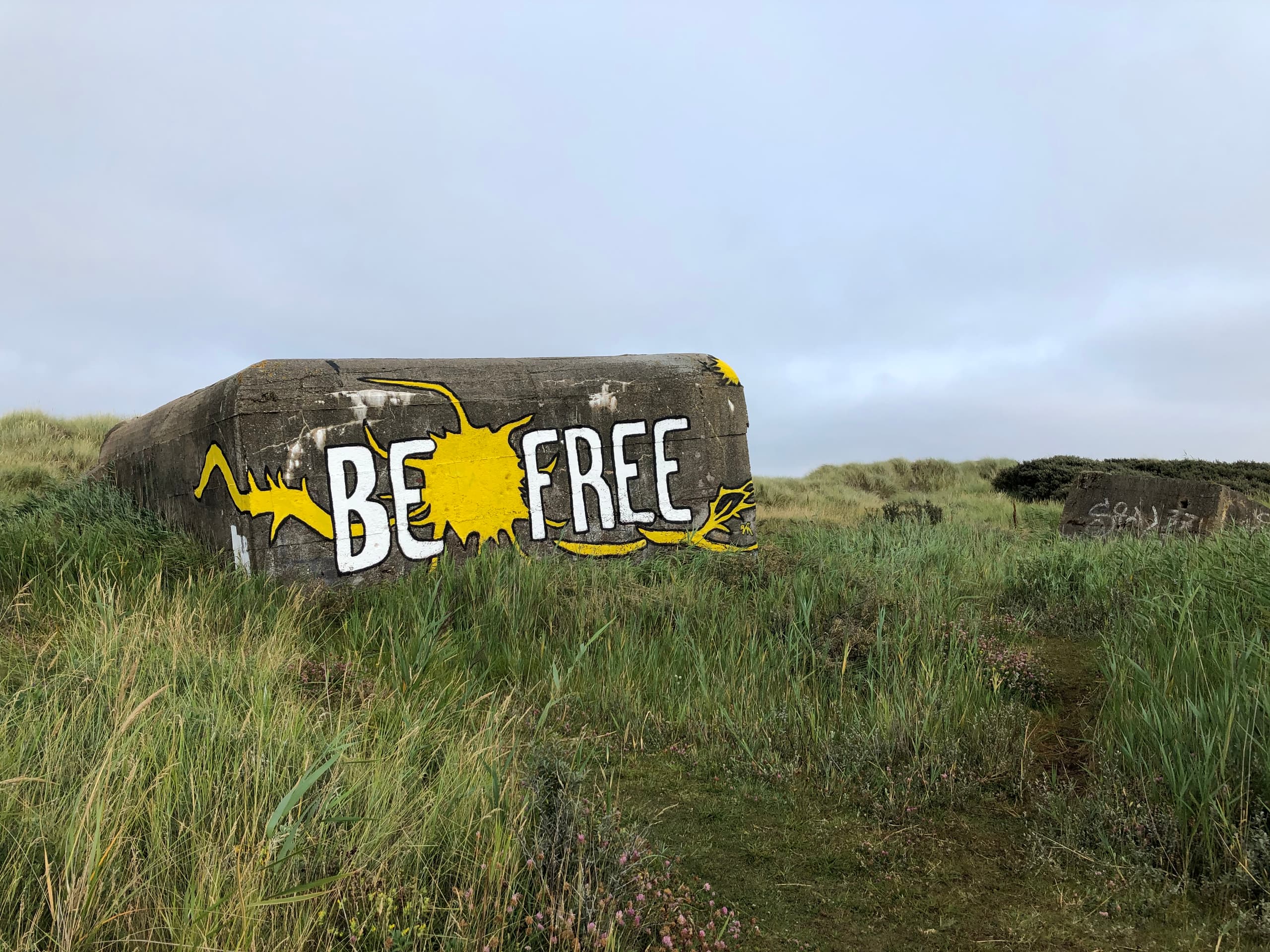 Ein Betonbunker mit gelb-weißer "BE FREE"-Graffiti-Aufschrift ragt aus einer grünen Dünenlandschaft unter grauem Himmel.