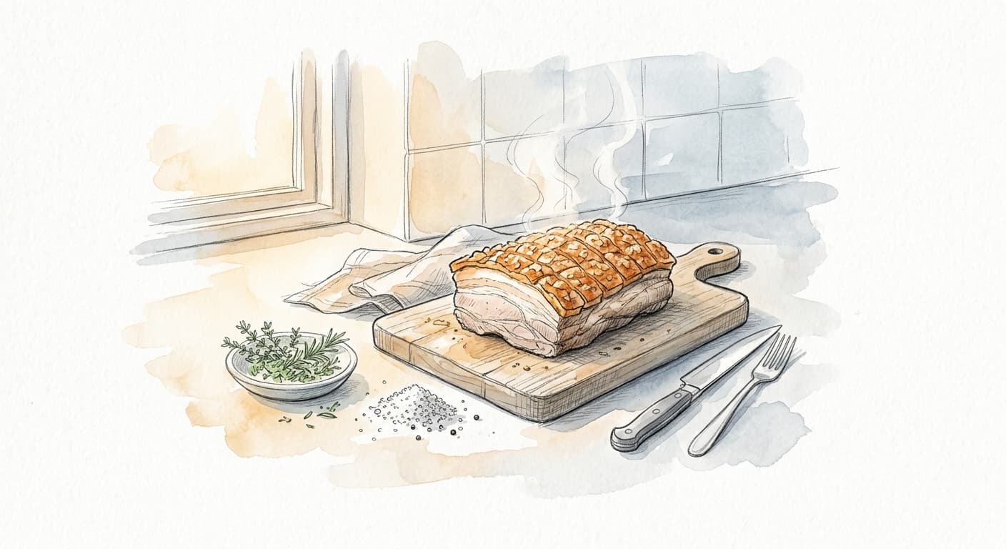 AI Hero Image: Flæskesteg – dänischer Schweinebraten mit Schwarte